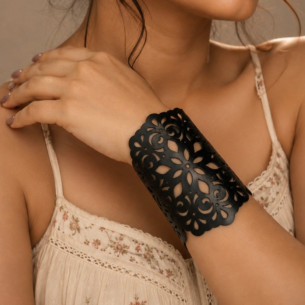 Leather Statement Cutwork Reversible Cuff Bracelet - Black and Camel