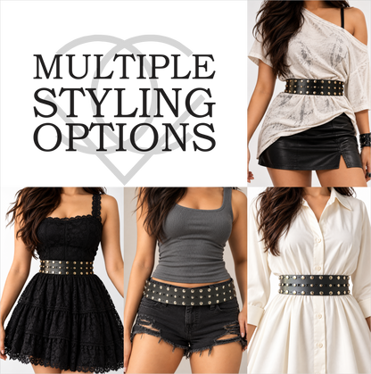 Women's Wide Leather Black Belt for Dresses - Studded Waist Belt