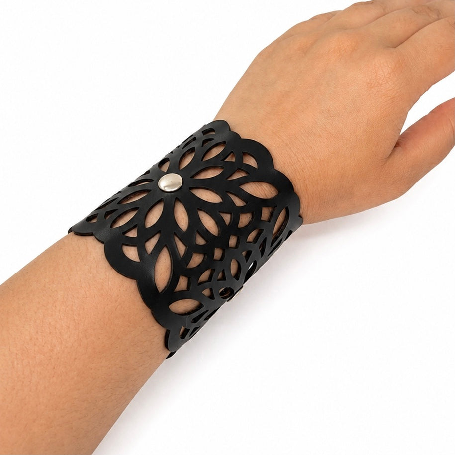 Leather Statement Cutwork Reversible Cuff Bracelet - Black and Camel
