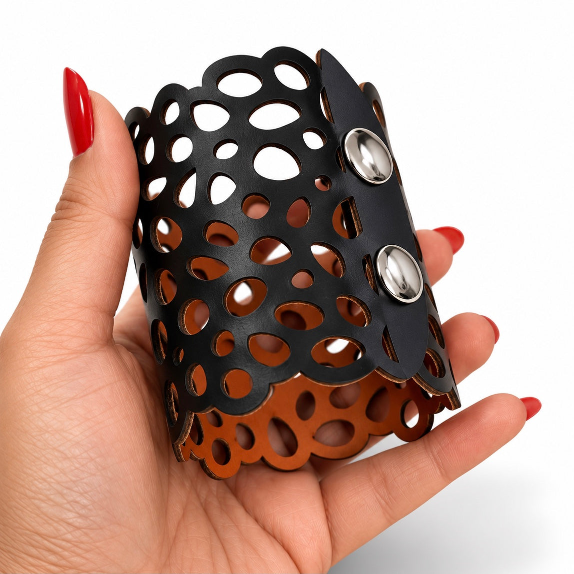 Leather Statement Cutwork Reversible Cuff Bracelet - Black and Camel