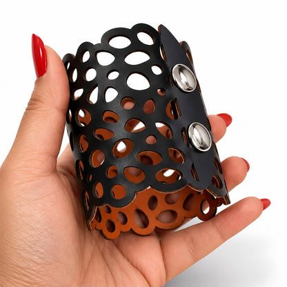 Leather Statement Cutwork Reversible Cuff Bracelet - Black and Camel