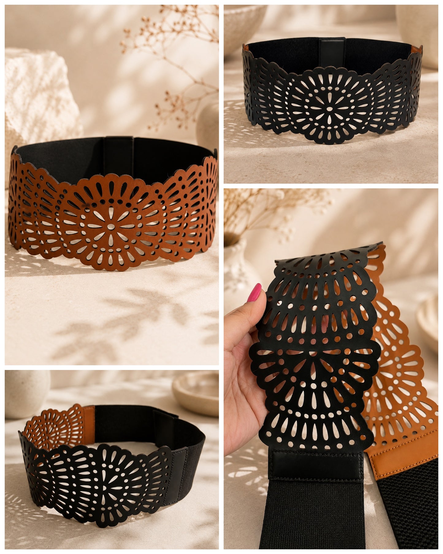 Leather Scalloped Cutwork Reversible Wide Waist Belt - Black and Camel