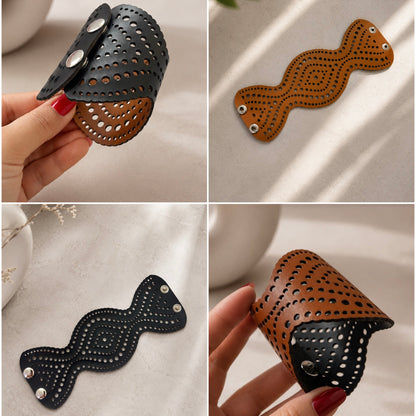Leather Statement Cutwork Reversible Cuff Bracelet - Black and Camel
