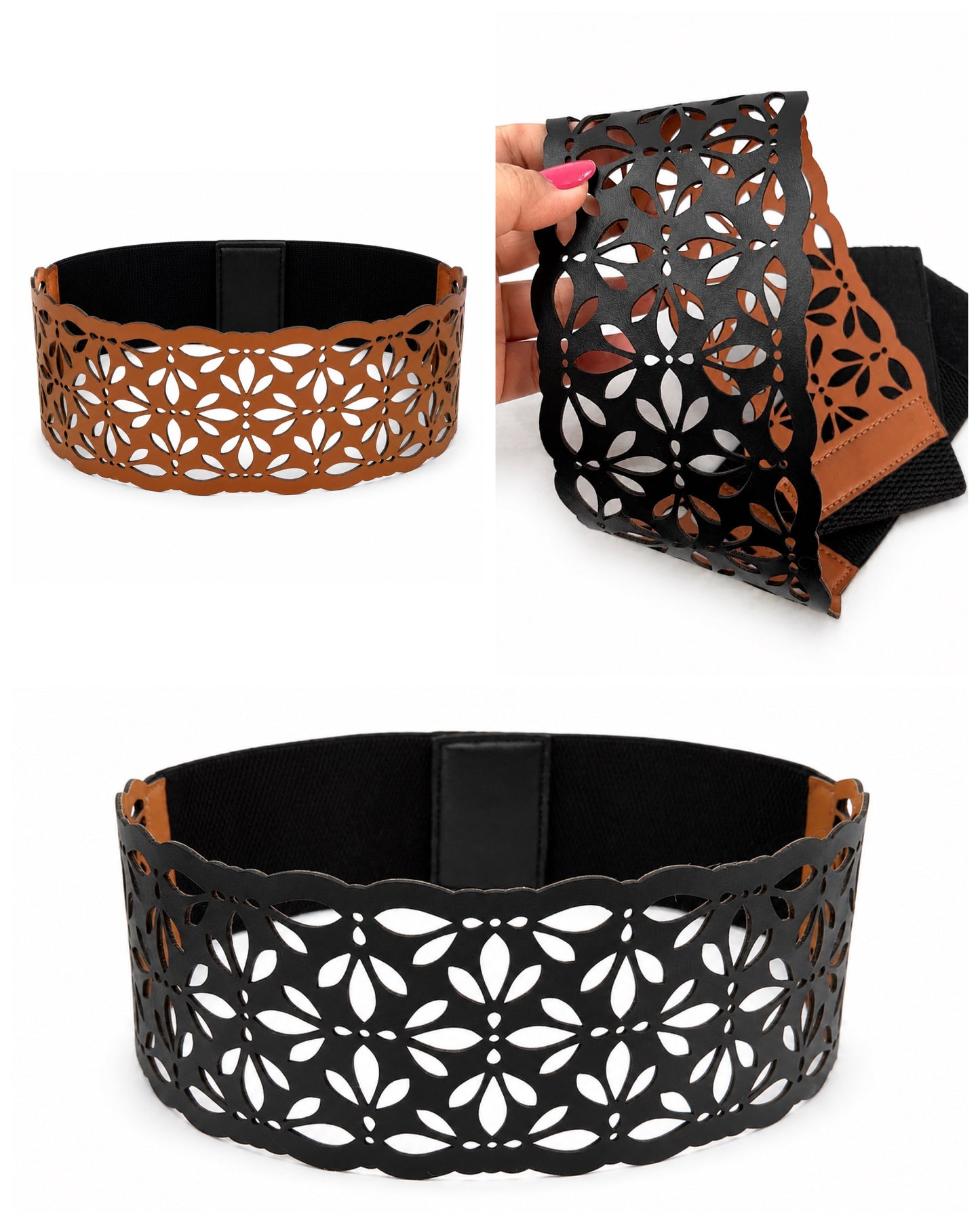 Leather Cutwork Reversible Wide Waist Belt - Black and Camel