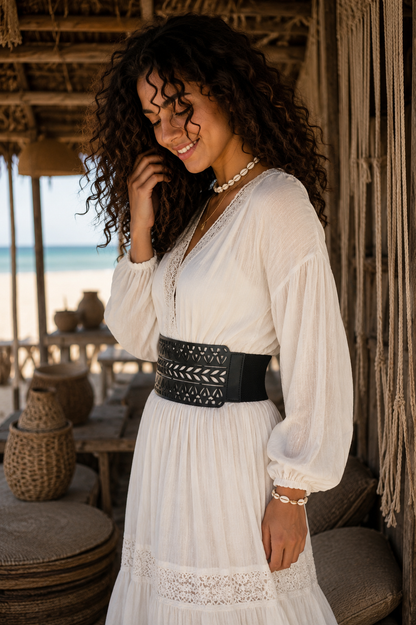 Leather Cutwork Reversible Wide Waist Belt - Black and Camel