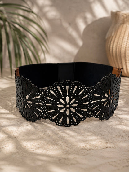 Leather Cutwork Reversible Wide Boho Waist Belt - Black and Camel