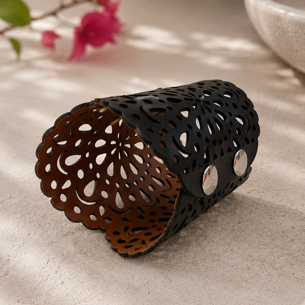 Leather Statement Cutwork Reversible Cuff Bracelet - Black and Camel