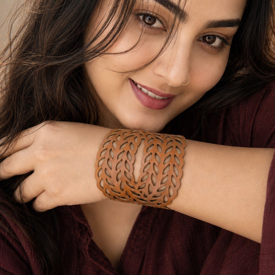 Leather Statement Cutwork Reversible Cuff Bracelet - Black and Camel