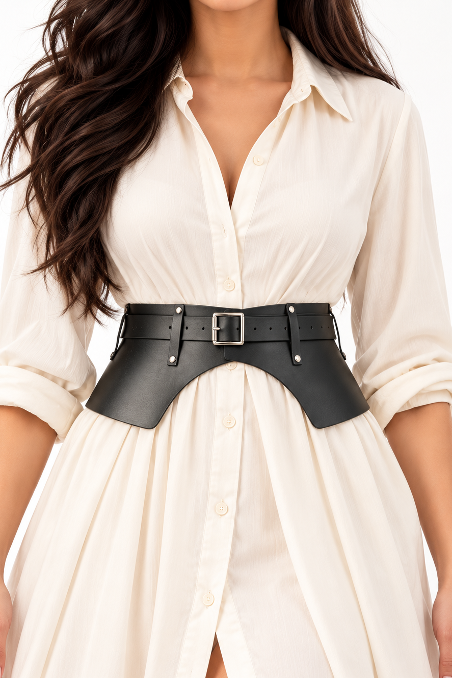 Women’s Black PU Leather Peplum Belt with Buckle