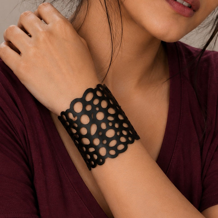 Leather Statement Cutwork Reversible Cuff Bracelet - Black and Camel