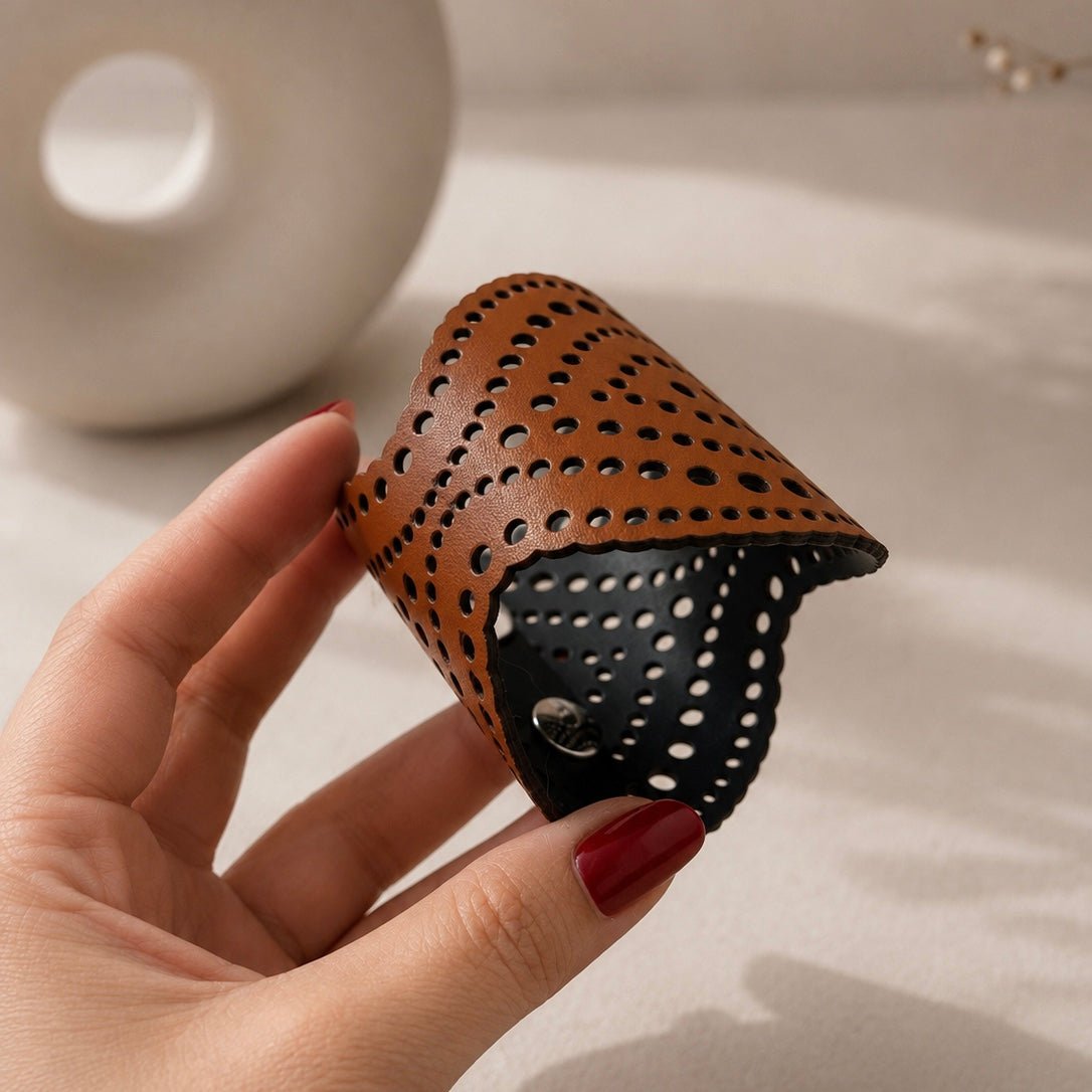 Leather Statement Cutwork Reversible Cuff Bracelet - Black and Camel