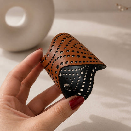 Leather Statement Cutwork Reversible Cuff Bracelet - Black and Camel