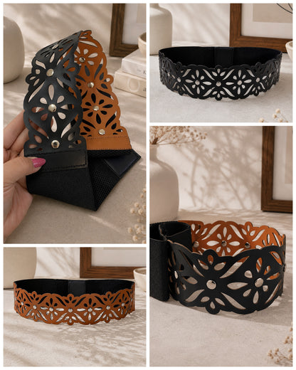 Leather Cutwork Reversible Wide Waist Belt with Rivets - Black and Camel
