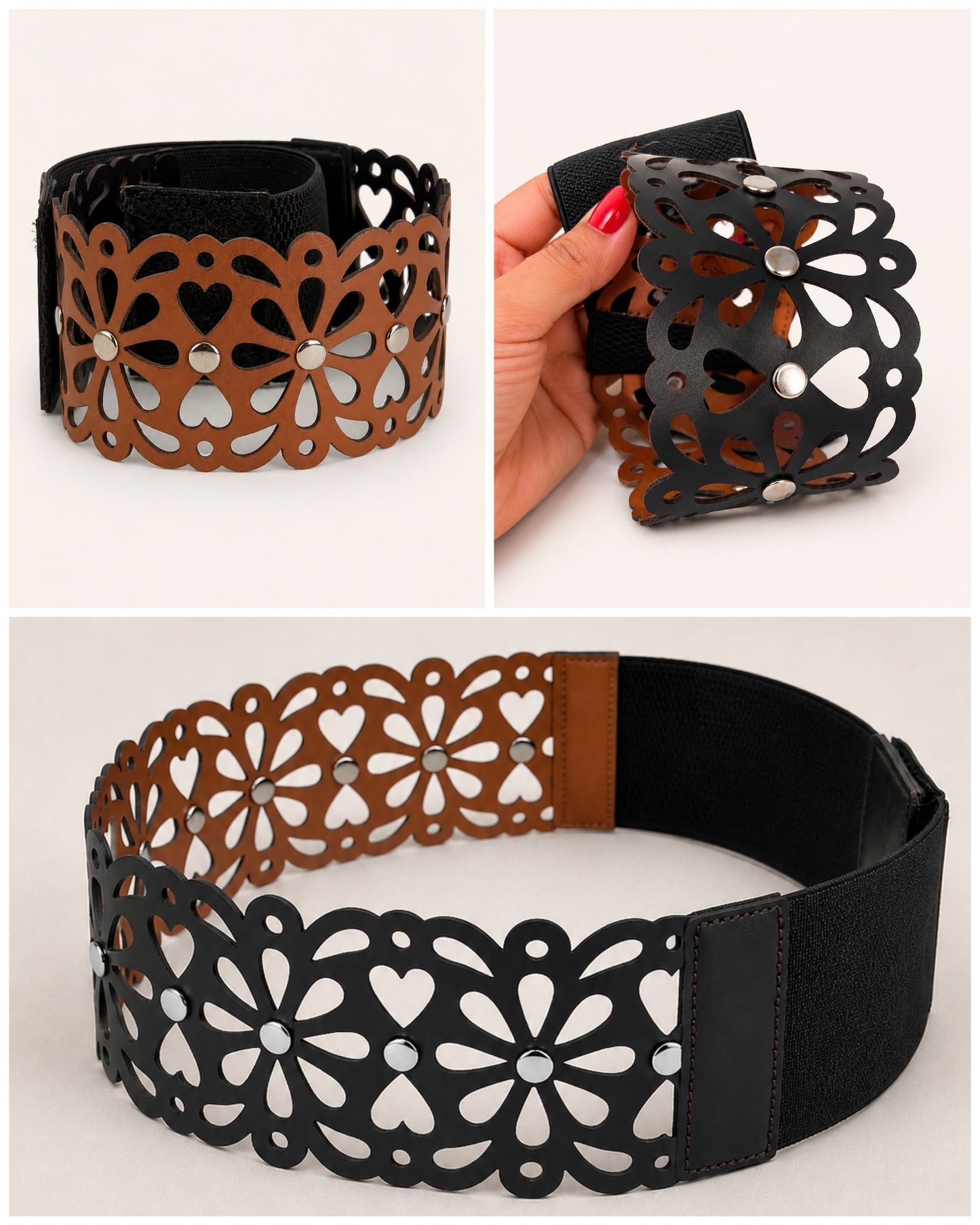 Leather Cutwork Reversible Wide Waist Belt with Rivets - Black and Camel