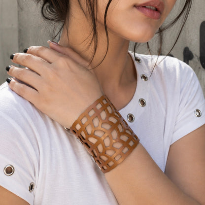 Leather Statement Cutwork Reversible Cuff Bracelet - Black and Camel