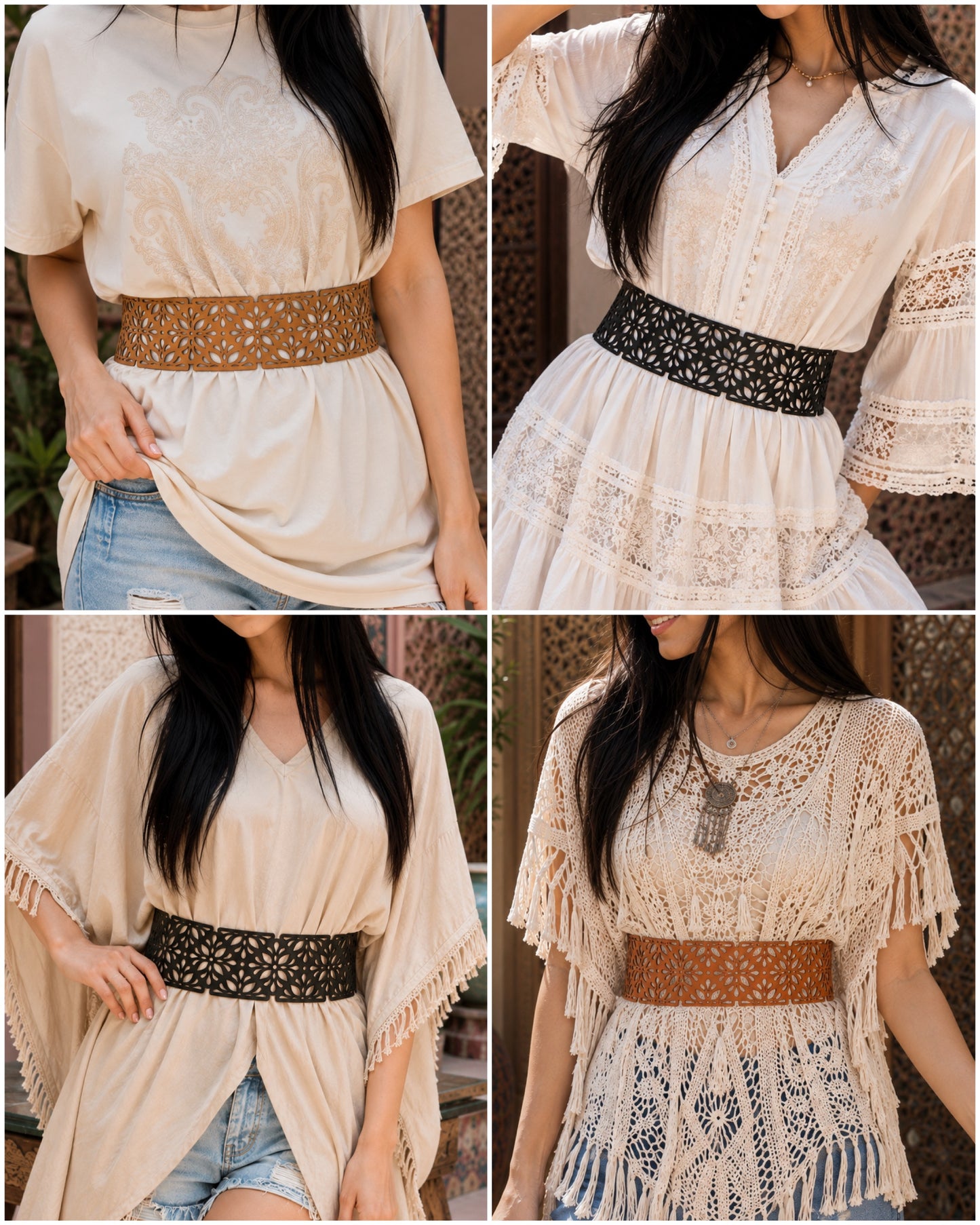 Leather Cutwork Reversible Oriental Wide Waist Belt - Black and Camel