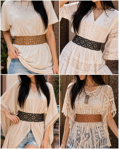 Leather Cutwork Reversible Oriental Wide Waist Belt - Black and Camel