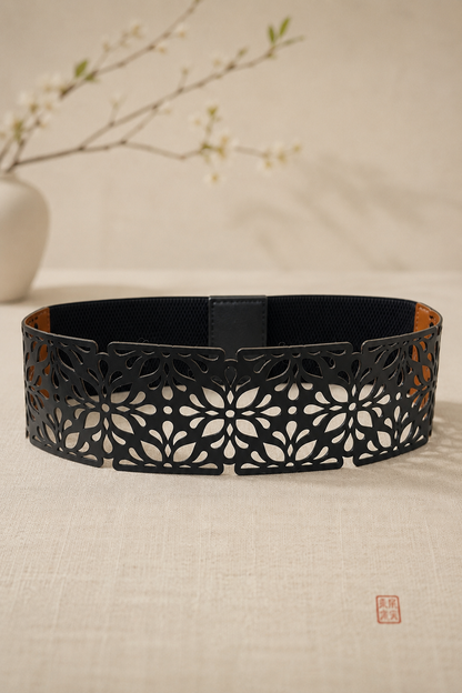 Leather Cutwork Reversible Oriental Wide Waist Belt - Black and Camel