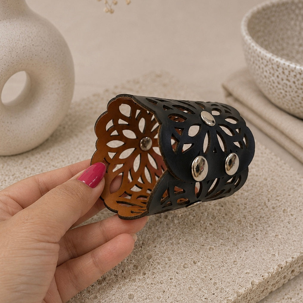 Leather Statement Cutwork Reversible Cuff Bracelet - Black and Camel