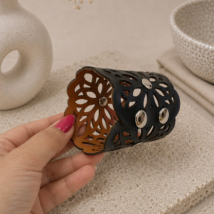 Leather Statement Cutwork Reversible Cuff Bracelet - Black and Camel
