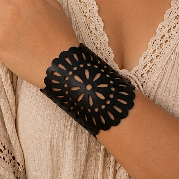 Leather Statement Cutwork Reversible Cuff Bracelet - Black and Camel