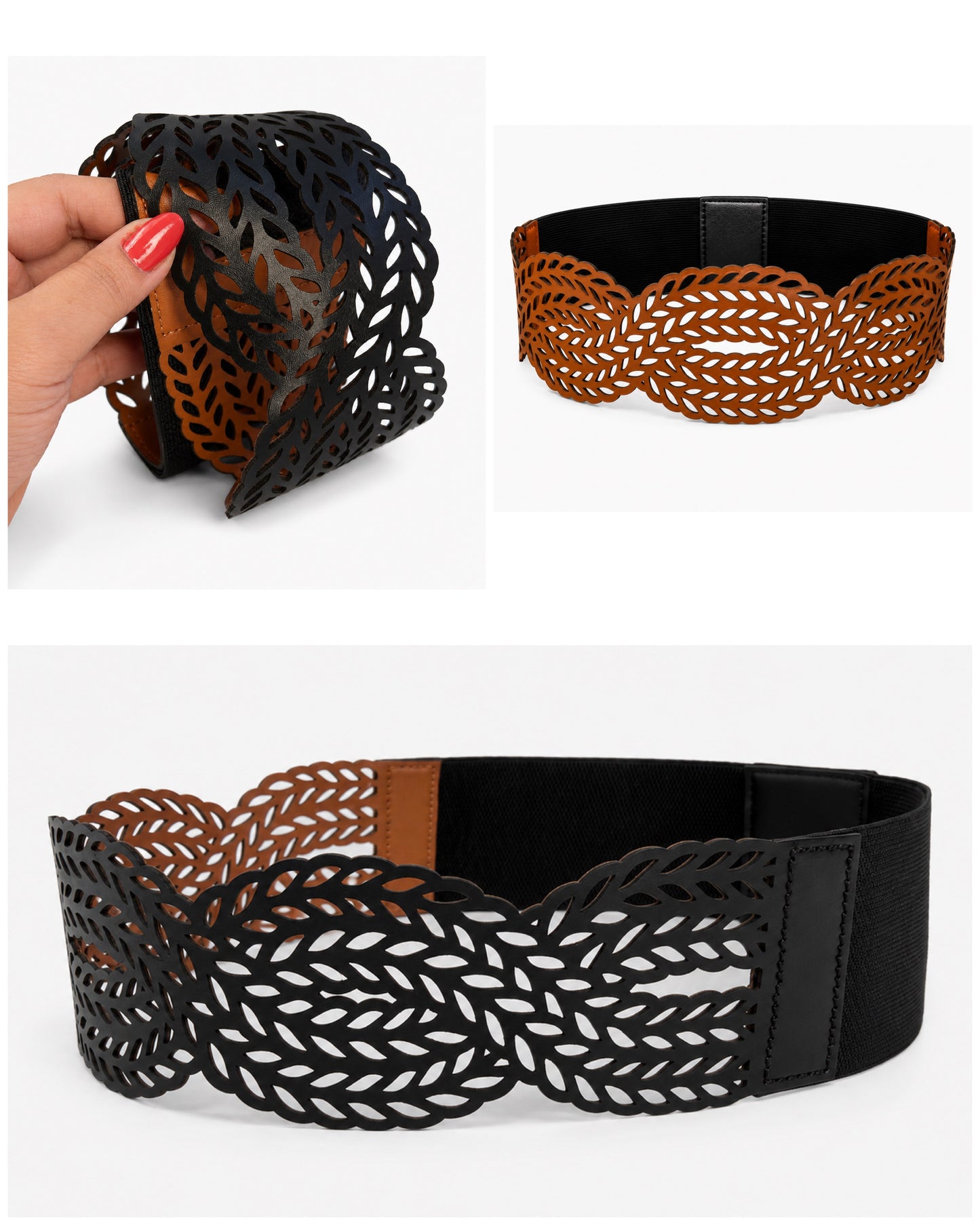 Leather Cutwork Reversible Stylish Wide Waist Belt - Black and Camel