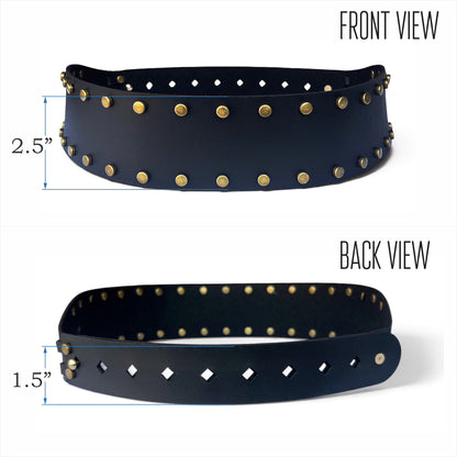 Women's Wide Leather Black Belt - Studded Waist Belt