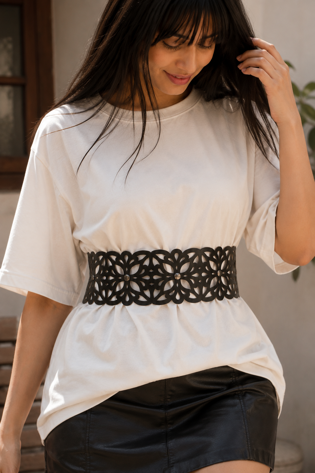 Leather Cutwork Reversible Wide Waist Belt with Rivets - Black and Camel