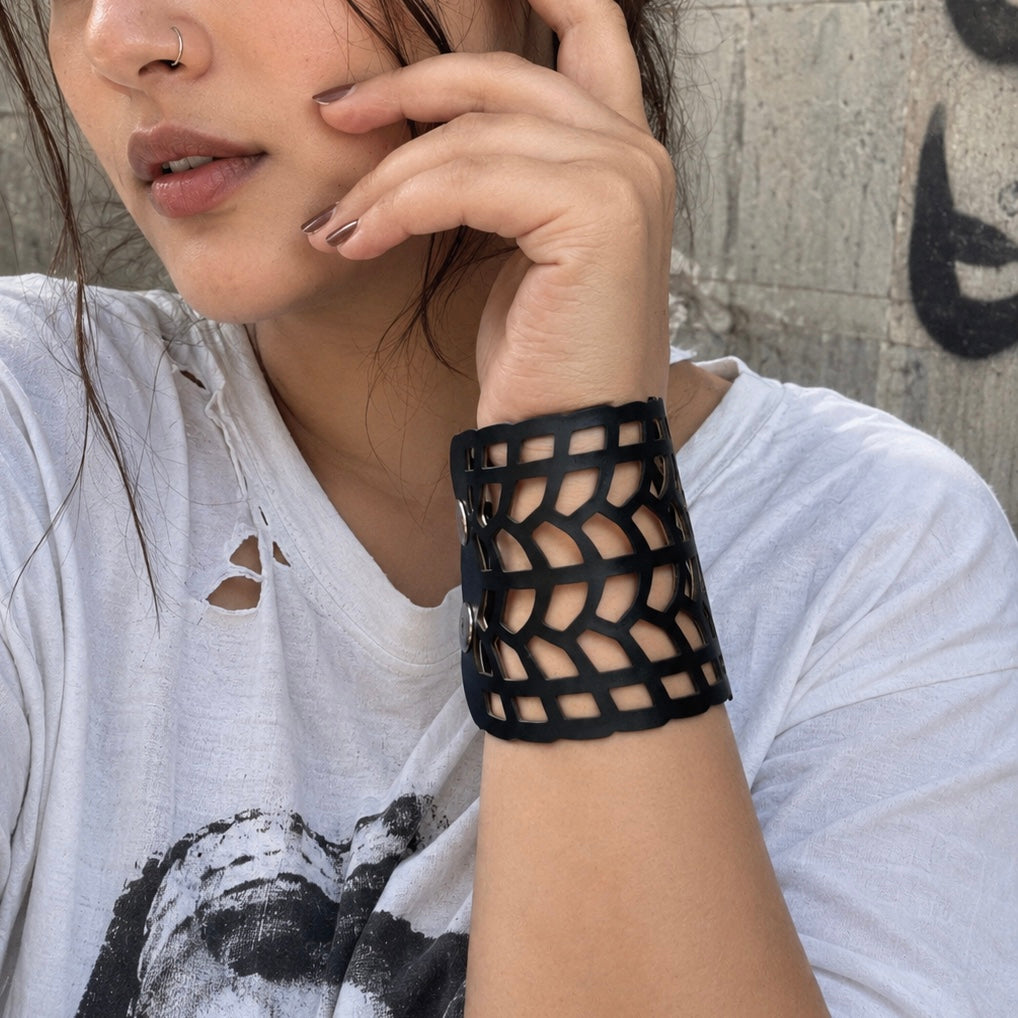 Leather Statement Cutwork Reversible Cuff Bracelet - Black and Camel