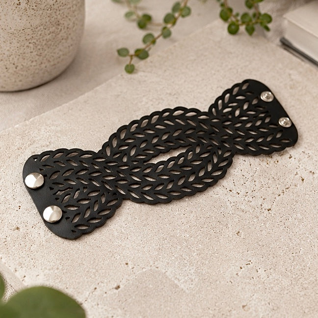 Leather Statement Cutwork Reversible Cuff Bracelet - Black and Camel