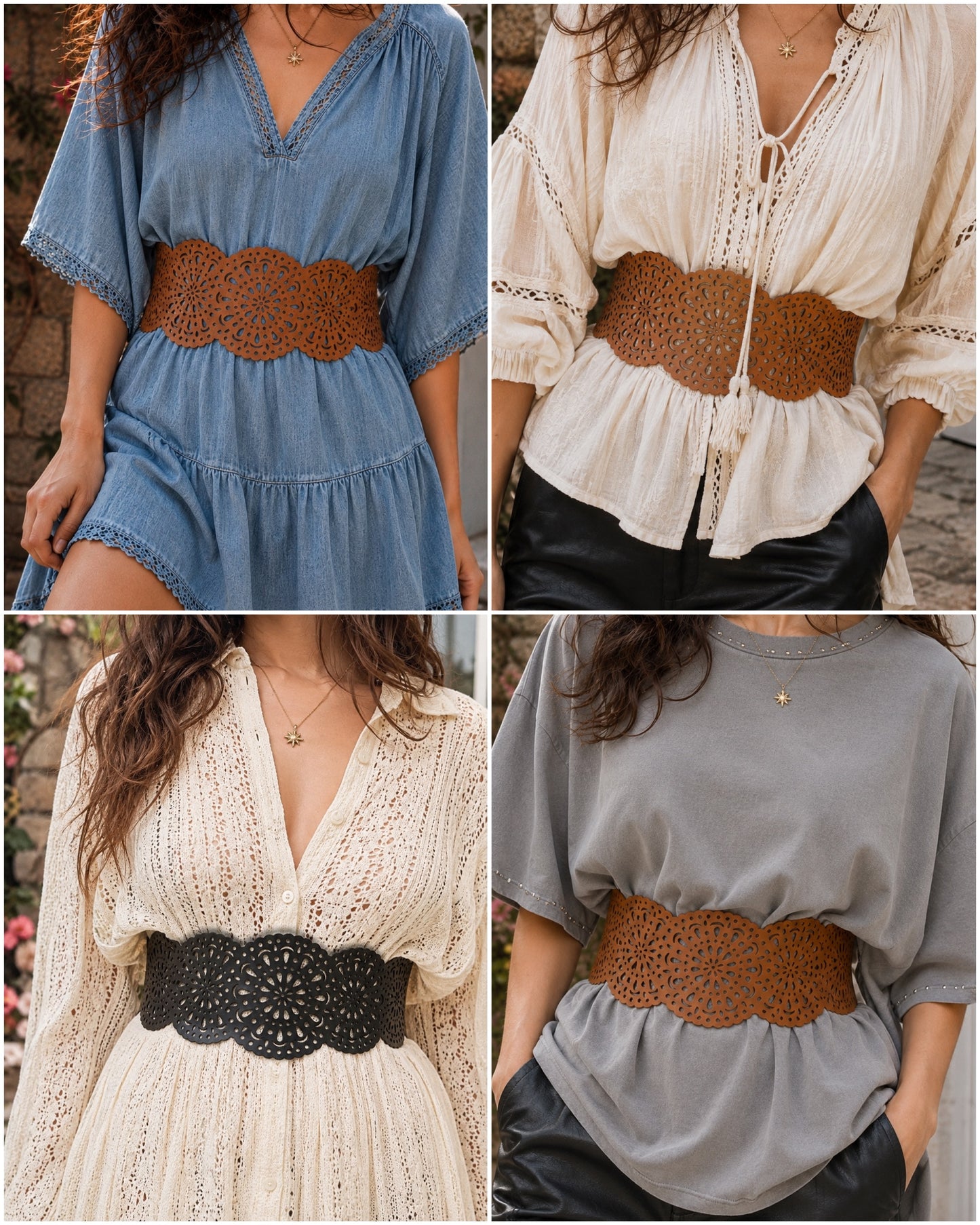 Leather Intricate Cutwork Reversible Wide Waist Belt - Black and Camel