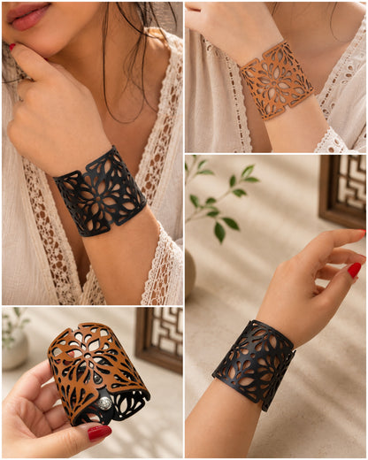 Leather Statement Cutwork Reversible Cuff Bracelet - Black and Camel