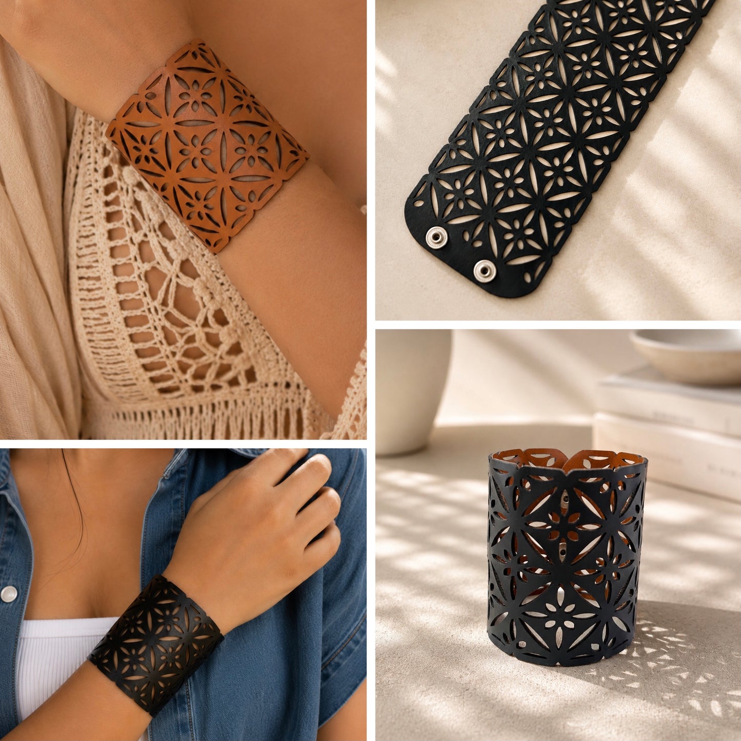 Leather Statement Cutwork Reversible Cuff Bracelet - Black and Camel