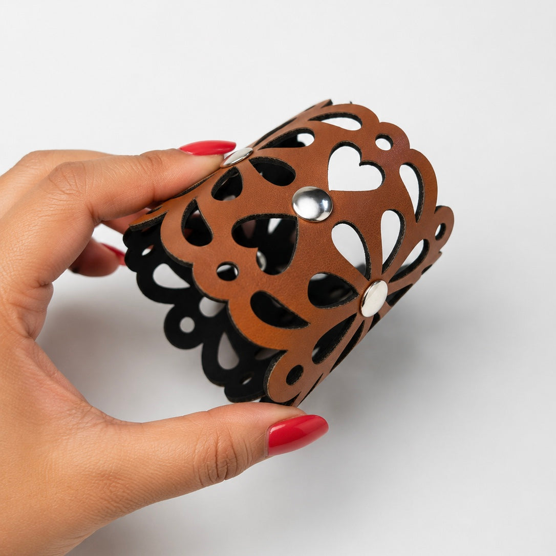 Leather Statement Cutwork Reversible Cuff Bracelet - Black and Camel