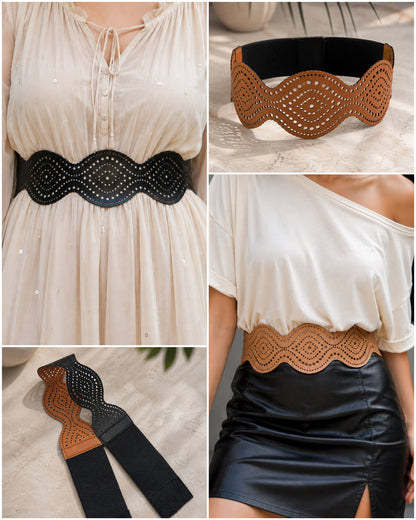 Leather Cutwork Reversible Chic Wide Waist Belt - Black and Camel