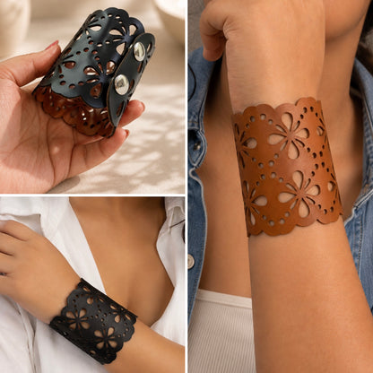Leather Statement Cutwork Reversible Cuff Bracelet - Black and Camel