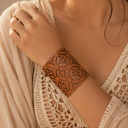 Leather Statement Cutwork Reversible Cuff Bracelet - Black and Camel