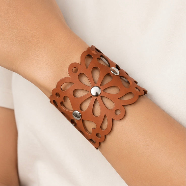 Leather Statement Cutwork Reversible Cuff Bracelet - Black and Camel