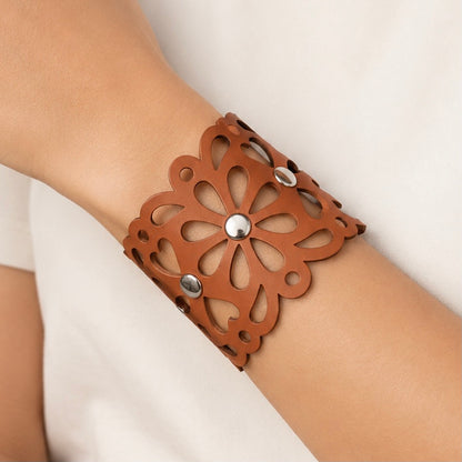 Leather Statement Cutwork Reversible Cuff Bracelet - Black and Camel