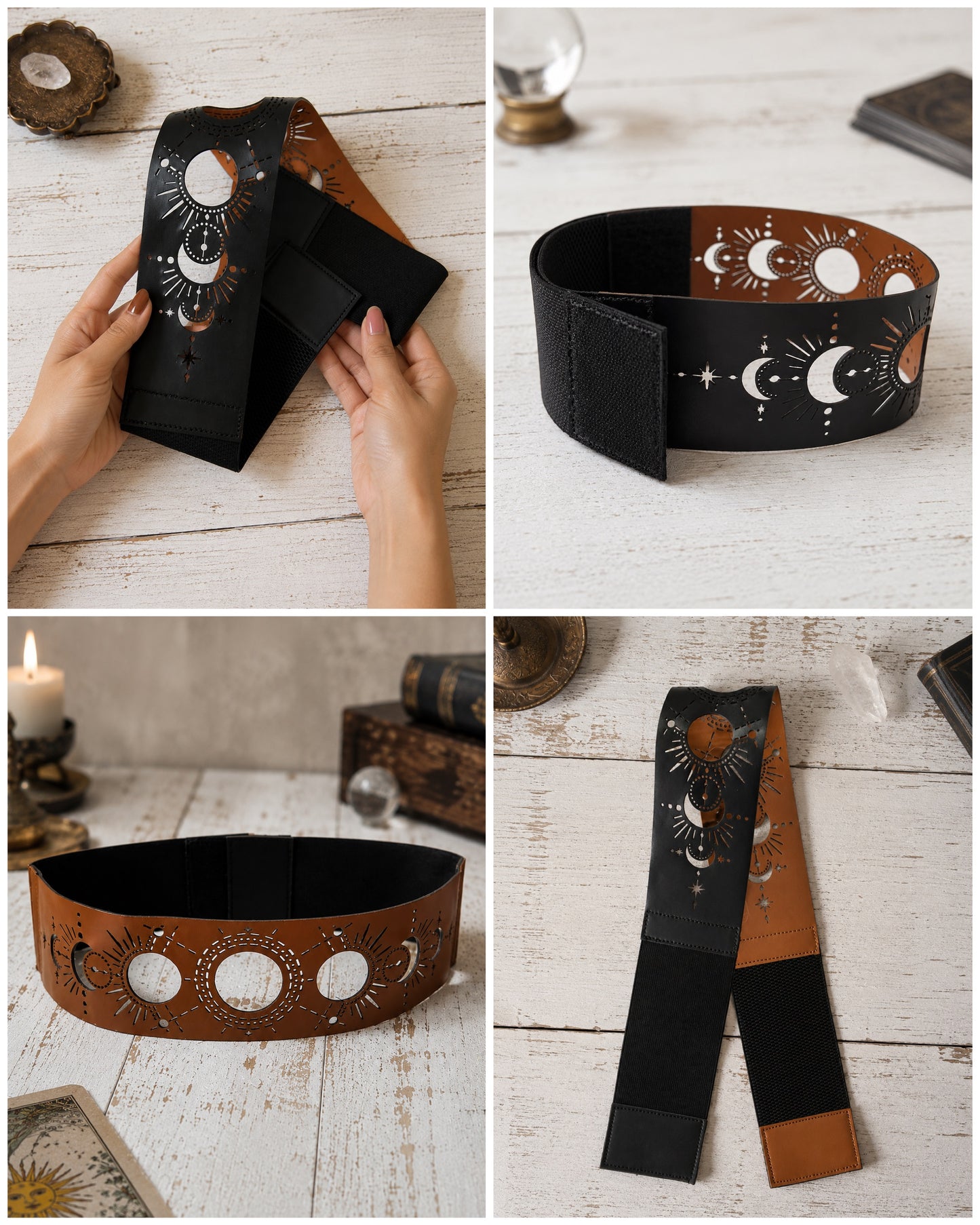 Leather Cutwork Reversible Wide Moon Waist Belt - Black and Camel
