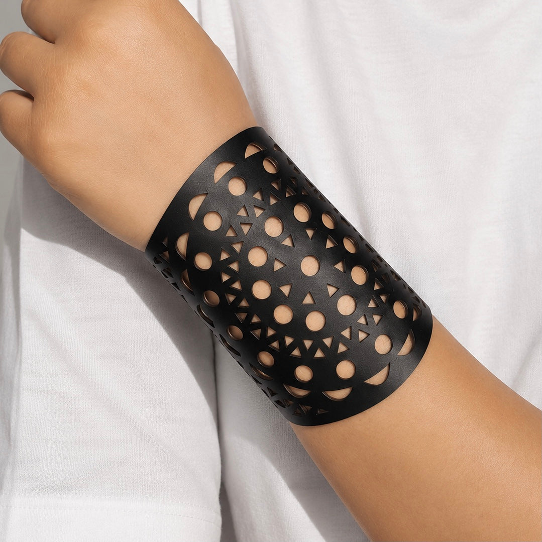 Leather Statement Cutwork Reversible Cuff Bracelet - Black and Camel