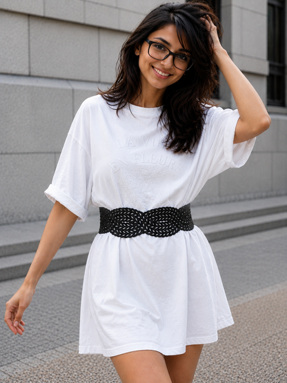 Leather Cutwork Reversible Stylish Wide Waist Belt - Black and Camel