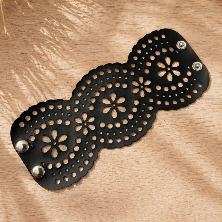 Leather Statement Cutwork Reversible Cuff Bracelet - Black and Camel