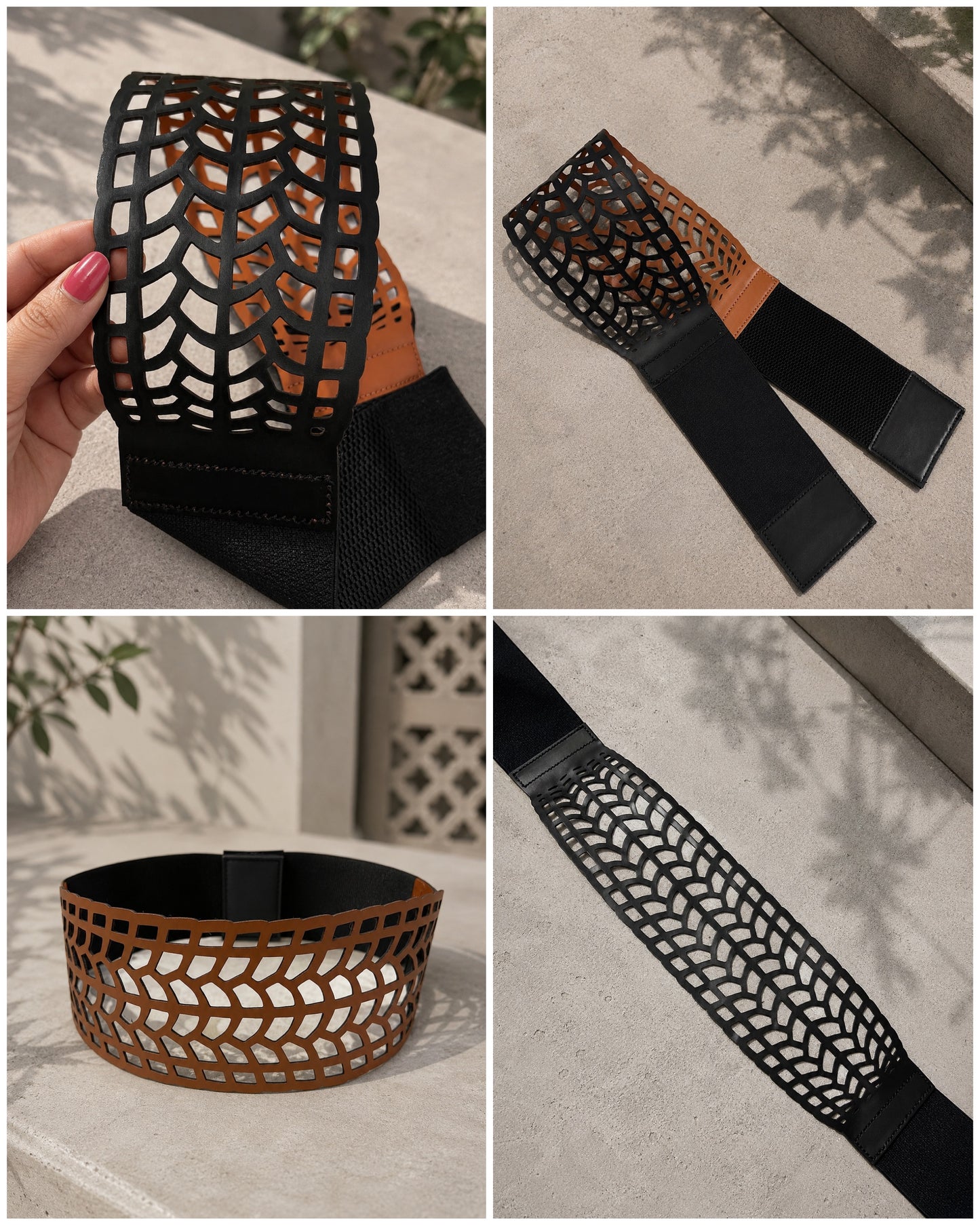 Leather Cutwork Reversible Biker Wide Waist Belt - Black and Camel