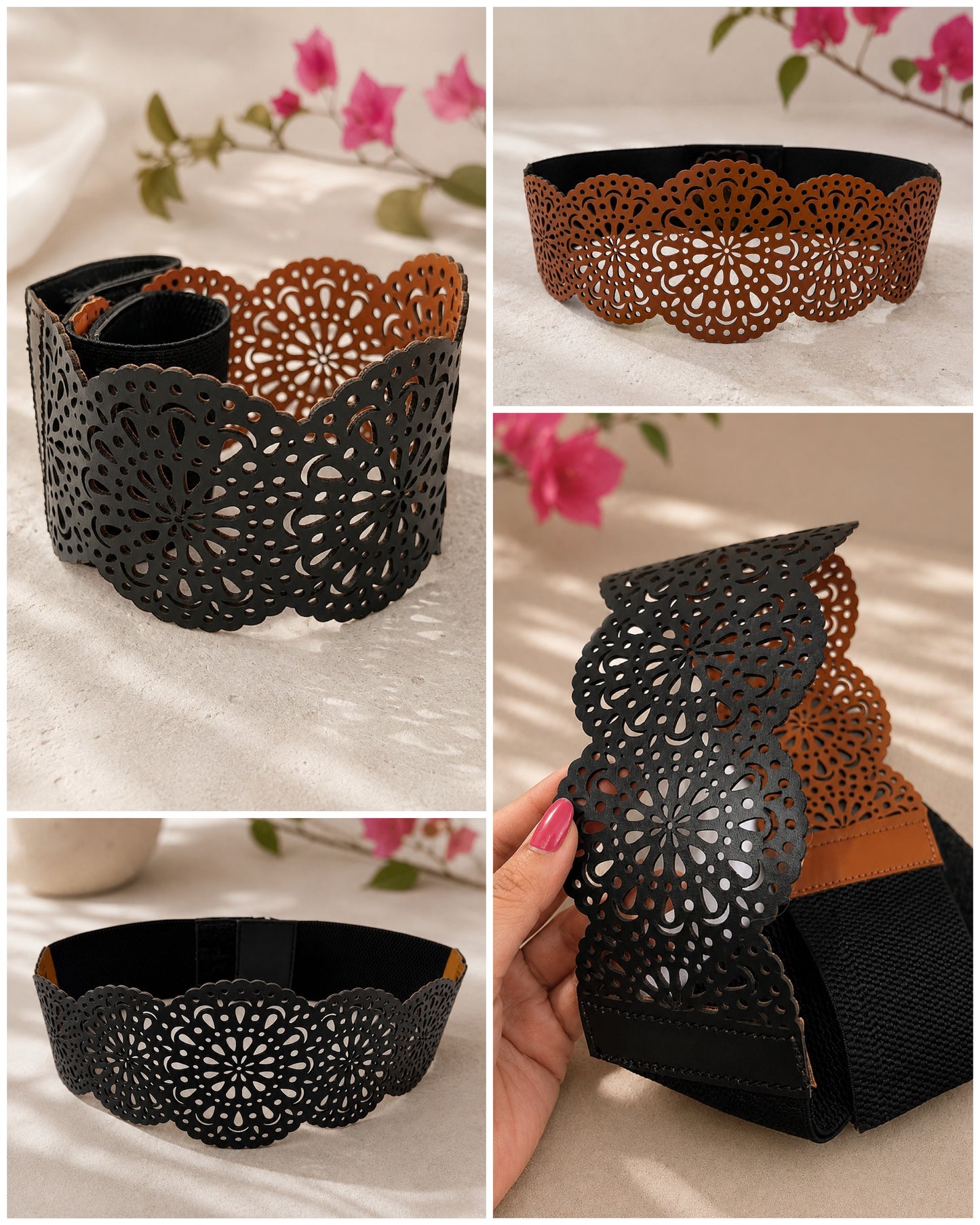 Leather Intricate Cutwork Reversible Wide Waist Belt - Black and Camel