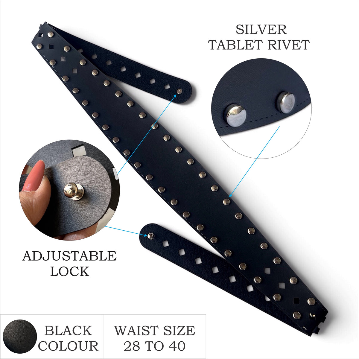 Women’s Wide Leather Black Belt for Dresses – Studded Waist Belt