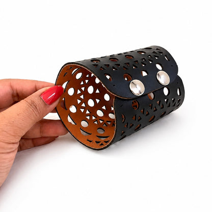 Leather Statement Cutwork Reversible Cuff Bracelet - Black and Camel