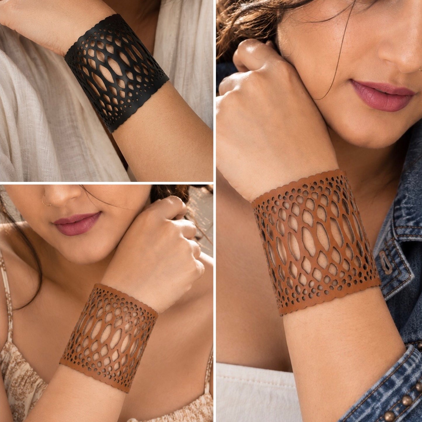 Leather Statement Cutwork Reversible Cuff Bracelet - Black and Camel