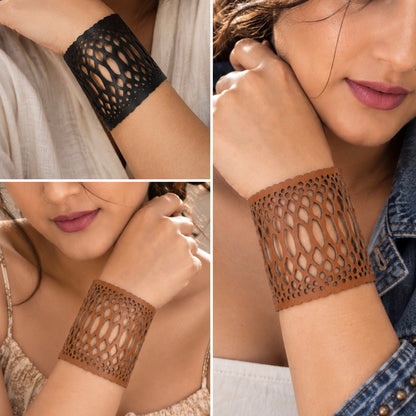 Leather Statement Cutwork Reversible Cuff Bracelet - Black and Camel