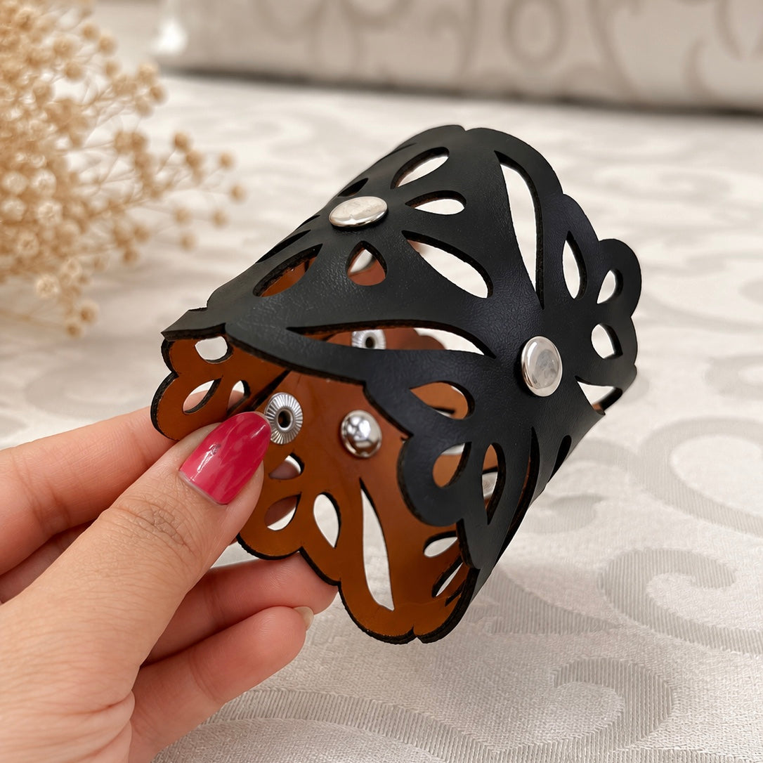 Leather Statement Cutwork Reversible Cuff Bracelet - Black and Camel